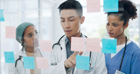 Image showing Doctors, planning or teamwork meeting on hospital calendar, sticky notes strategy or glass wall innovation. Healthcare, people or talking worker nurse and medical diversity vision or surgery schedule