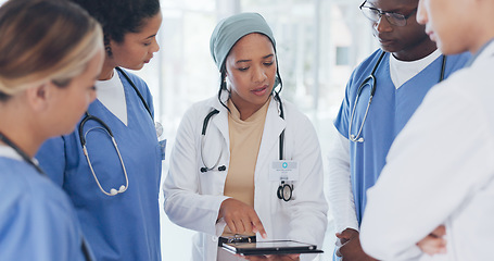 Image showing Doctor, people and tablet in meeting, surgery planning or treatment feedback in Islamic research hospital. Talking, diversity and healthcare nurses on technology, teamwork or leadership collaboration