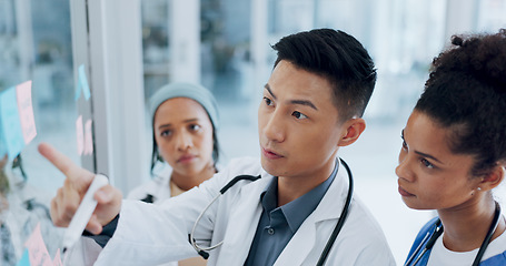 Image showing Doctors, planning or diversity meeting on hospital calendar, sticky notes strategy or glass wall innovation. Healthcare, people or talking worker nurse and medical vision or surgery teamwork schedule