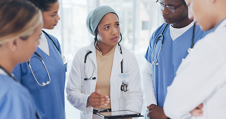 Image showing Doctor, people and tablet in meeting, surgery planning or treatment feedback in Islamic research hospital. Talking, diversity and healthcare nurses on technology, teamwork or leadership collaboration