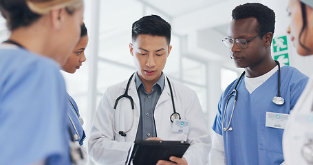 Image showing Asian doctor, people and technology in meeting, surgery planning or treatment feedback in research hospital. Talking, diversity and healthcare nurses on tablet, teamwork and leadership collaboration