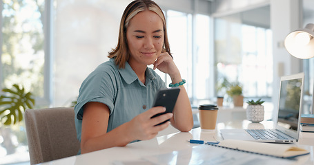 Image showing Happy, smile or business woman with phone for social media, networking or communication in office building. Startup, employee argil with smartphone reading blog, online. content or Internet new app