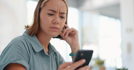 Image showing Startup, thinking or business woman with phone for social media news, online blog content or networking. Confused, employee or girl on smartphone in office for networking, communication or Internet