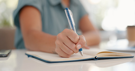 Image showing Business, woman and hands writing in notebook, diary and strategy ideas. Female, worker and planning with pen in books, journal and schedule of information, planner and receptionist at office desk