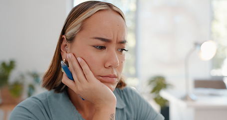 Image showing Headache, pain and burnout business woman overworked and thinking in her office feeling stress or depressed. Sad, mental health and female worker or employee unhappy, fatigue and frustrated, bored