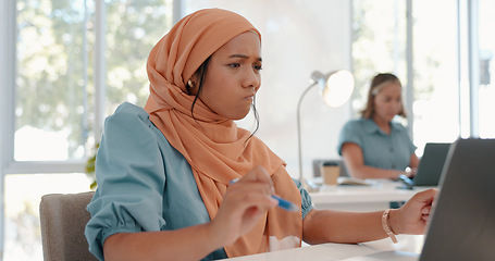 Image showing Laptop, confused and professional woman reading information for a project on the internet. Thinking, brainstorming and female muslim or islam employee working on a report with computer in the office.