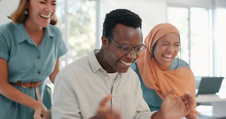 Image showing Success, good news and team in celebration in the office for achievement, teamwork or goal on laptop. Diversity, celebrate and happy business people celebrating successful collaboration in workplace.