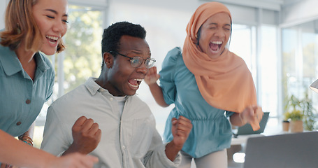 Image showing Laptop, good news and team in celebration of success, achievement or teamwork goal in the office. Diversity, celebrate and happy business people celebrating successful collaboration in the workplace.