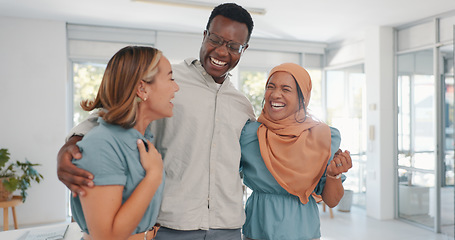 Image showing Jumping, winning and excited business people with a hug for success, motivation and a sale. Energy, teamwork and group of employees happy about a work announcement, celebration and achievement