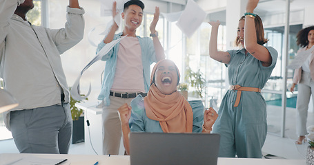 Image showing Celebration, winning and team throw papers for project success, achievement and goals. Excited, happy and business people celebrate successful teamwork or collaboration by throwing document in office