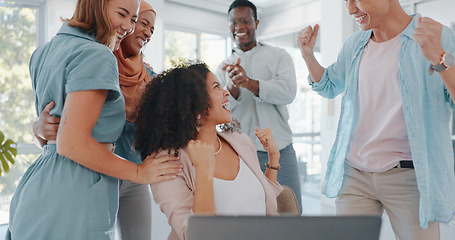 Image showing Celebration, winning and team throw papers for project success, achievement and goals. Excited, happy and business people celebrate successful teamwork or collaboration by throwing document in office