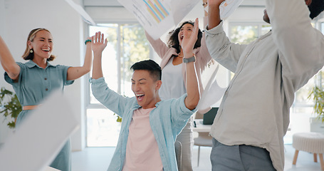 Image showing Celebration, victory and team throw paper to celebrate achievement, success or goals. Happiness, wow and team throwing documents while celebrating successful teamwork or collaboration in the office.