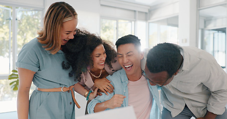 Image showing High five, winner and business people with laptop in celebration for stock trading bonus, profit and sales target. Teamwork, support and excited group of workers hug, applause and cheer for winning