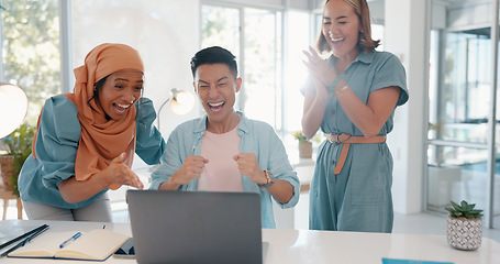 Image showing Excited, laptop email and business people reading news, achievement and win with support at work. Wow, motivation and employees with high five, for success, bonus and competition on a computer