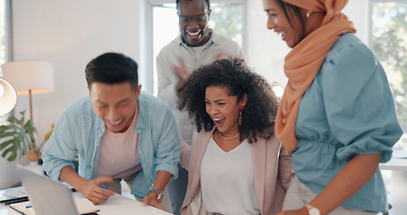 Image showing Winner, teamwork and business people with laptop in celebration for stock trading bonus, profit and sales. Support, motivation and excited group of workers high five, applause and winning in office