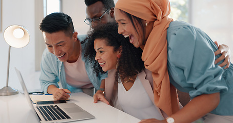 Image showing Winner, teamwork and business people with laptop in celebration for stock trading bonus, profit and sales. Support, motivation and excited group of workers high five, applause and winning in officeWi