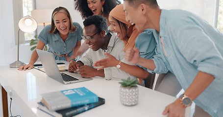 Image showing Winner, teamwork and business people with laptop in celebration for stock trading bonus, profit and sales. Support, motivation and excited group of workers high five, applause and winning in office