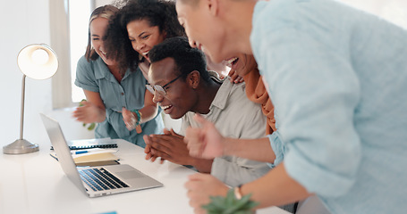 Image showing Winner, teamwork and business people with laptop in celebration for stock trading bonus, profit and sales. Support, motivation and excited group of workers high five, applause and winning in office