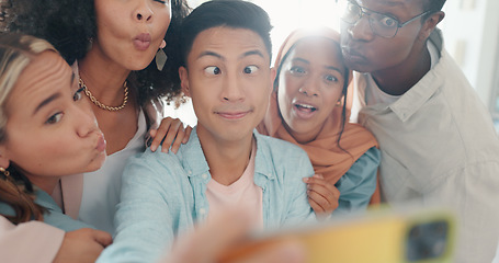 Image showing Selfie, tongue and friends with a business team posing together in the office for a funny picture. Social media, teamwork or emoji with a man and woman employee group taking a photograph at work