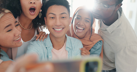 Image showing Selfie, tongue and friends with a business team posing together in the office for a funny picture. Social media, teamwork or emoji with a man and woman employee group taking a photograph at work