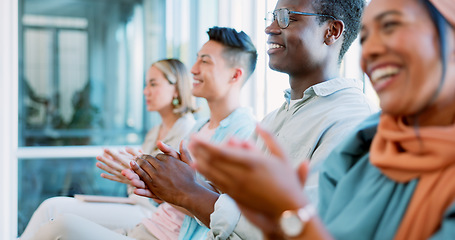 Image showing Applause, business people and crowd in conference, workshop and motivation in convention room. Happy workers clapping hands, and seminar of success, goals and team inspiration in presentation meeting