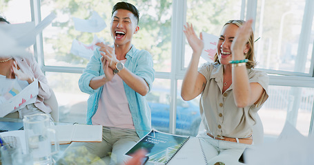 Image showing Teamwork, winner or high five with a business team throwing documents during applause at a meeting. Paperwork, collaboration and motivation with a man and woman employee in celebration at the office