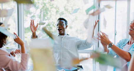 Image showing Cash, money rain and business people success, celebration and applause for bonus, stock market or winning. Winner team meeting, sales target and celebrate financial freedom, investment or revenue