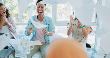 Image showing Cash, money rain and business people success, celebration and applause for bonus, stock market or winning. Winner team meeting, sales target and celebrate financial freedom, investment or revenue