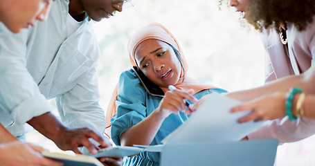 Image showing Muslim business woman, multitasking and chaos with stress, paperwork and phone call, time management fail. Challenge, corporate burnout zoom with laptop and communication with work balance problem