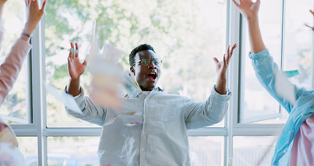 Image showing Cash, money rain and business people success, celebration and applause for bonus, stock market or winning. Winner team meeting, sales target and celebrate financial freedom, investment or revenue