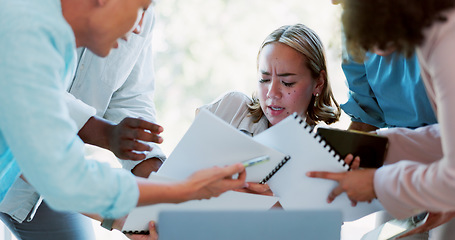 Image showing Business woman, multitasking and chaos with stress, paperwork and phone call with time management fail. Challenge, documents and corporate burnout zoom, laptop and communication, work balance problem