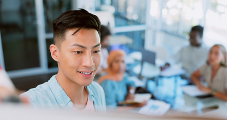 Image showing Meeting, collaboration and presentation with a business asian man in the boardroom coaching a team. Marketing, training or teamwork with a male employee talking in a learning and development workshop