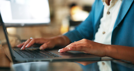 Image showing Laptop, hands and business woman in office for typing, email or planning with screen display and mockup. Website, design and female designer working on creative, idea nd branding research with space