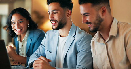 Image showing Business celebration, high five and conference room of staff in a meeting with applause. Diversity, progress success and excited and office staff clapping from company growth and teamwork progress