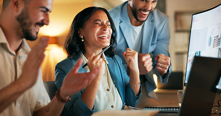 Image showing High five, celebration and business people with success, partnership and team building in office. Happy, smile and professional corporate employees celebrate for successful collaboration in workplace