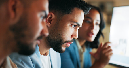 Image showing Business team, tech conversation and computer work of a web management group with teamwork. Office communication, talking and digital strategy planning of an Indian employee with worker collaboration