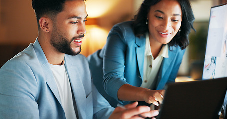 Image showing Business people, working and tablet discussion of a web management group with teamwork. Office communication, talking and digital strategy planning of an Indian employee with worker collaboration