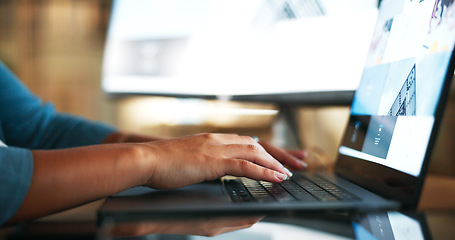 Image showing Research, laptop and hands of business woman and typing for planning, web design and advertising idea. Technology, creative and software with employee and keyboard in digital agency