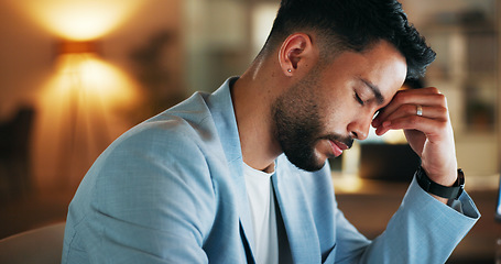 Image showing Night headache, stress and business man anxiety, frustrated or fatigue on computer mental health problem. Professional person burnout risk, depression or angry for online job crisis, fail or mistake