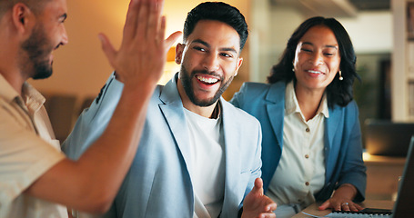 Image showing Business people, high five and computer success of staff in a meeting with applause. Diversity, target progress and excited and office staff clapping from company growth and teamwork progress