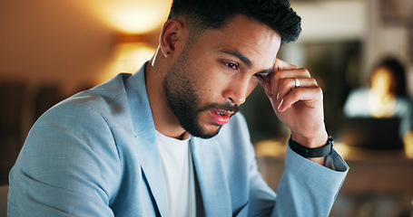 Image showing Night headache, stress and business man anxiety, frustrated or fatigue on computer mental health problem. Professional person burnout risk, depression or angry for online job crisis, fail or mistake