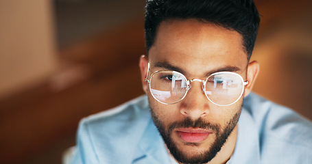 Image showing Night, reflection and glasses of businessman at computer for digital, software and web design programming. Strategy, designer and coding with employee in office and overtime for cybersecurity network