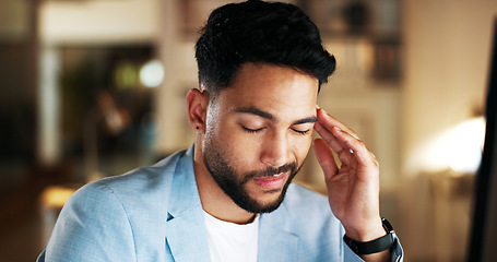 Image showing Stress, headache and businessman working on a computer for a project with a deadline in the office. Technology, frustration and professional male employee planning corporate report on pc in workplace
