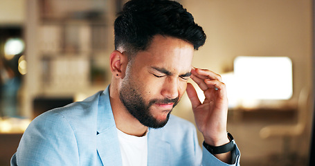 Image showing Stress, night and headache with businessman at desk for deadline, schedule or compliance. Tired, accountability and mental health with employee suffering with burnout, frustrated and overtime