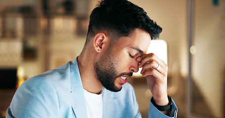 Image showing Night headache, stress and business man anxiety, frustrated or fatigue on computer mental health problem. Professional person burnout risk, depression or angry for online job crisis, fail or mistake