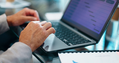 Image showing Closeup hands typing, laptop and businessman with schedule planning, calendar and goals for company. Mobile computer keyboard, analytics and data for growth, development or report in modern office