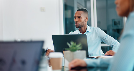 Image showing Teamwork, data analysis or business people in meeting on laptop for analytics, planning or project management in office. Research, goals or collaboration on tech for communication, strategy or review