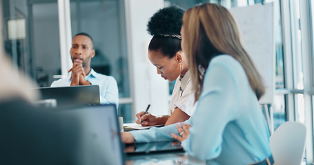 Image showing Strategy, meeting and people manager for planning, agenda and corporate workflow management on laptop. Leadership, communication and employees, staff and boss with ideas, mission and online vision