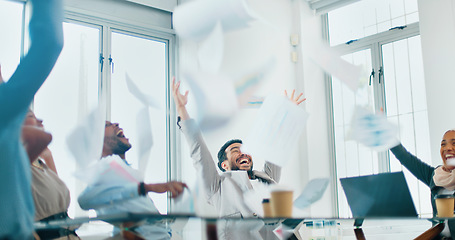 Image showing Celebration, teamwork and business meeting with documents in the air with motivation. Diversity, excited and celebrating tech analytics success of staff happy about collaboration and office goal