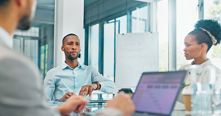 Image showing Strategy, meeting and people manager for planning, agenda and corporate workflow management on laptop. Leadership, communication and employees, staff and boss with ideas, mission and online vision